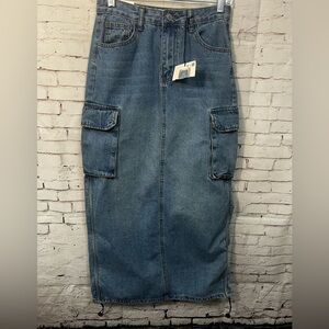 Angel Kiss Cargo Blue Jean Denim Maxi Skirt Size 3 / 26 NWT Y2K Country modest